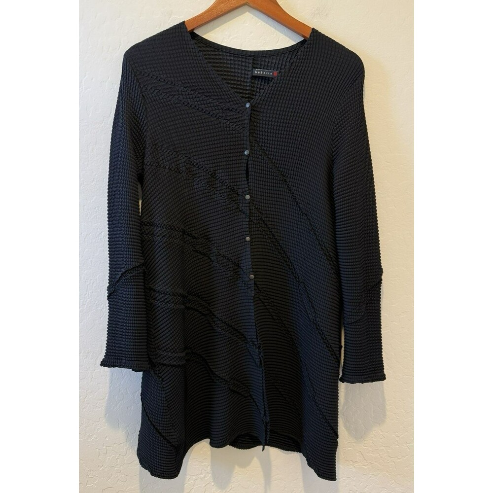 Babette M Black Long Snap Jacket Top Pleated Microfiber Artsy Elegant Lagenlook